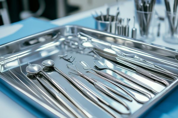 Instruments chirurgicaux disposés sur un plateau métallique stérile